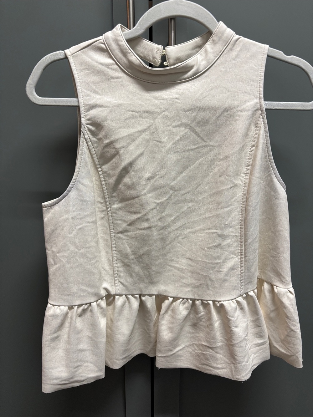 fab'rik Faux Leather Cream Sleeveless Peplum Mock Neck Top